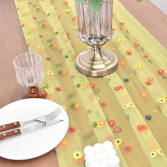 Joanlody 3pcs Yellow Embroidery Daisy Spring Summer Table Runner Florals Seasonal Easter Tulle Table Runner Holiday Kitchen Dining Table Decoration Wedding Party
