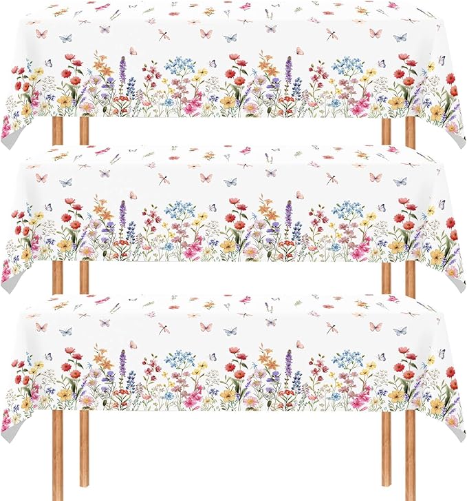 1 Pc Wildflower Tablecloth Spring Summer Floral Table Cover for Butterfly Wildflowers Theme Picnic Dining Holiday Weeding Baby Shower Birthday Tea Party Table Supplies Decorations