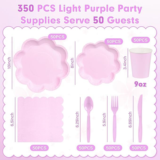 350 Pcs Lavender Paper Plates and Napkins Set, Tableware Set for 50 Guests Include Disposable Purple Scalloped Plates, Napkins, Cups, Knives, Fork & Spoon for Easter Party Baby Shower Wedding