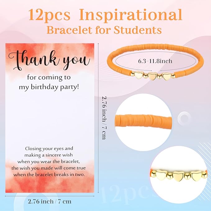 Birthday Party Favor Bracelets Beaded Rainbow Clay Bracelet with Thank You Card Gift for Birthday Party Supplies Bags Suffer with Different Themes(12 Sets,Heart)