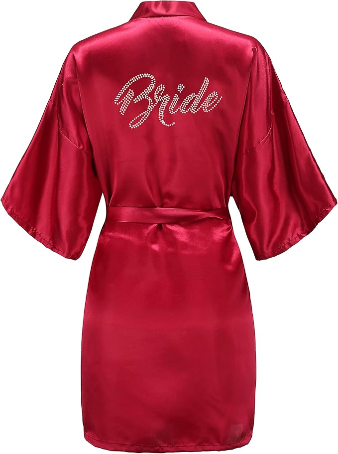EPLAZA Women's One Size Silver Rhinestones Bride Bridesmaid Short Satin Robes for Wedding Party Getting Ready