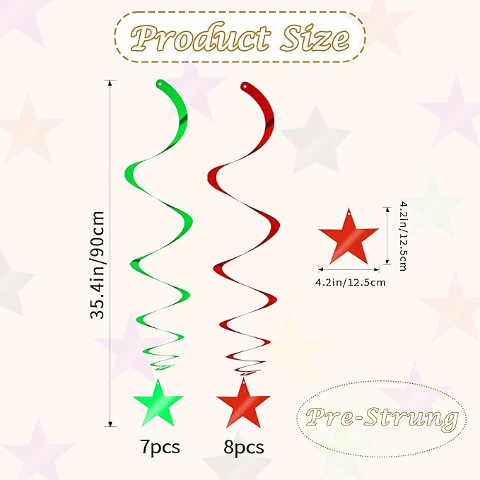 BEISHIDA Red Green Star Hanging Swirl Christmas Decorations Ceiling Hanging Party Supplies for Christmas Birthday Wedding Decorations, Pack of 15