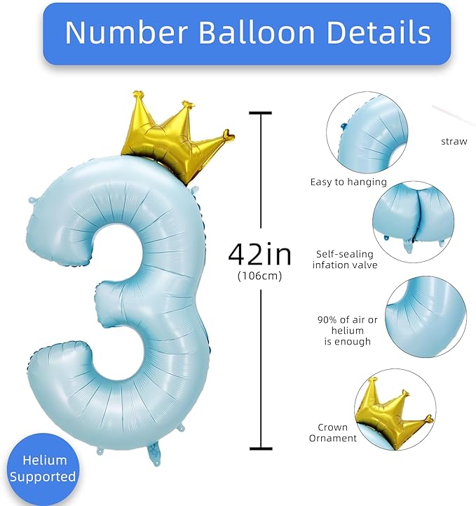 AULE 40 Inch Big Light Blue 3 Balloon Number with Crown Large Foil Helium Number Balloons 0-9 Jumbo Giant Happy 3rd Birthday Party Decorations Huge Mylar Anniversary Party Supplies