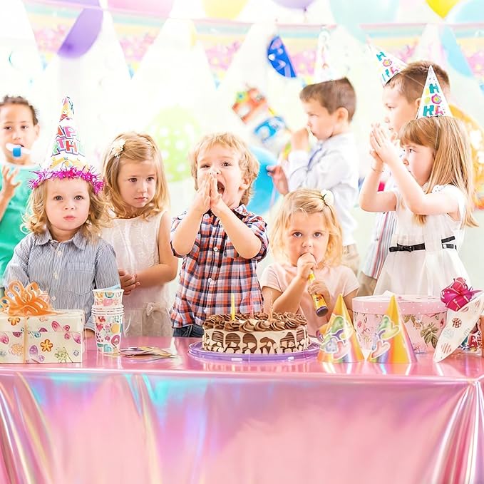3-Pack Pink Iridescent Tablecloths, Holographic Glittering Foil Disposable Tablecloths, 54 inches x 108 inches, Suitable for Birthday, Wedding, and Holiday Party Decorations