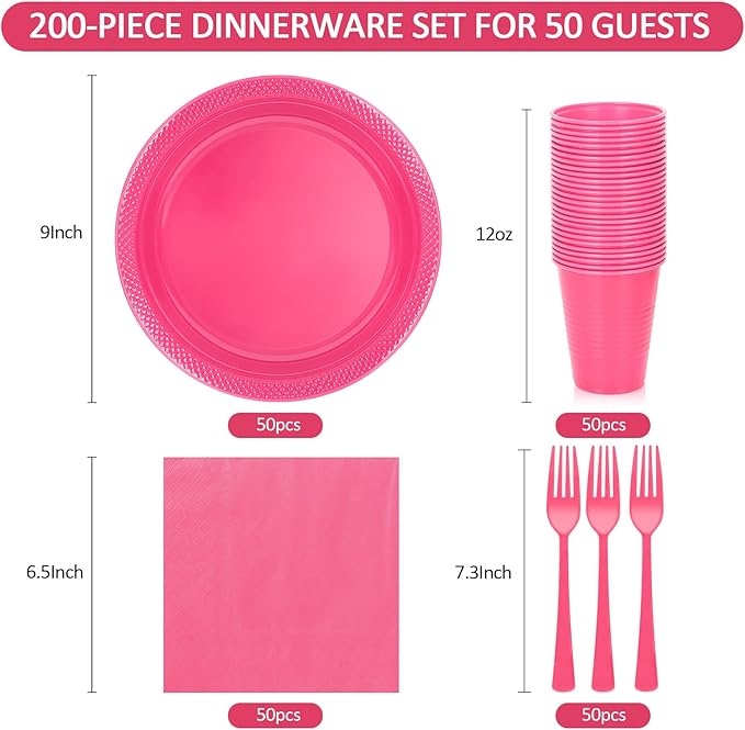 200pcs Hot Pink Plastic Party Plates Set, Disposable Pink Plates and Napkins for Party, 50 of Each 9" Dinner Plate, Napkins, Cups & Cutlery Plastic Party Supplies for Birthday, Baby Shower, Wedding