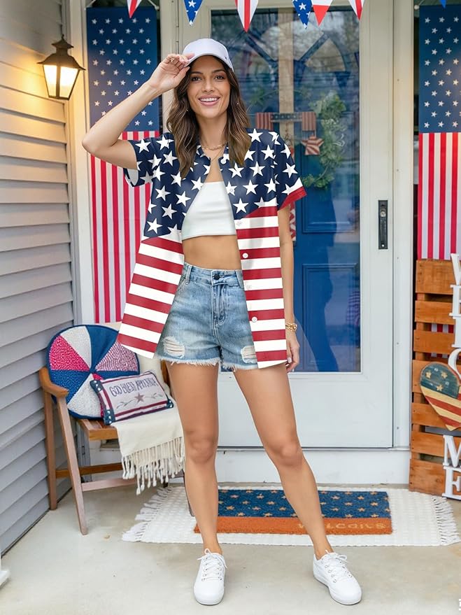 4th of July Shirts Women American Flag Patriotic Shirt Independence Day Short Sleeve Button Down Outfits