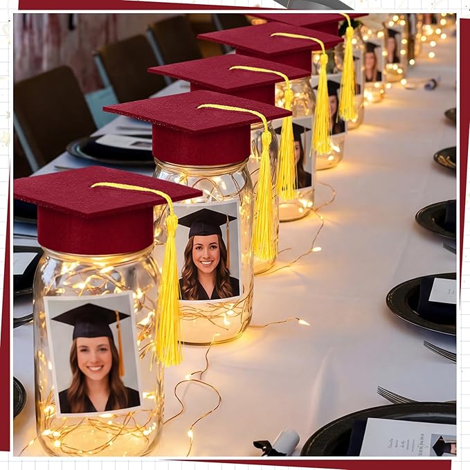 Boao 16 Sets Graduation Table Decoration Set with LED Light up Graduation Decorations for Class of 2026, Grad Jar, Felt Grad Hat and Stickers for High School College(Dark Red,Vivid)