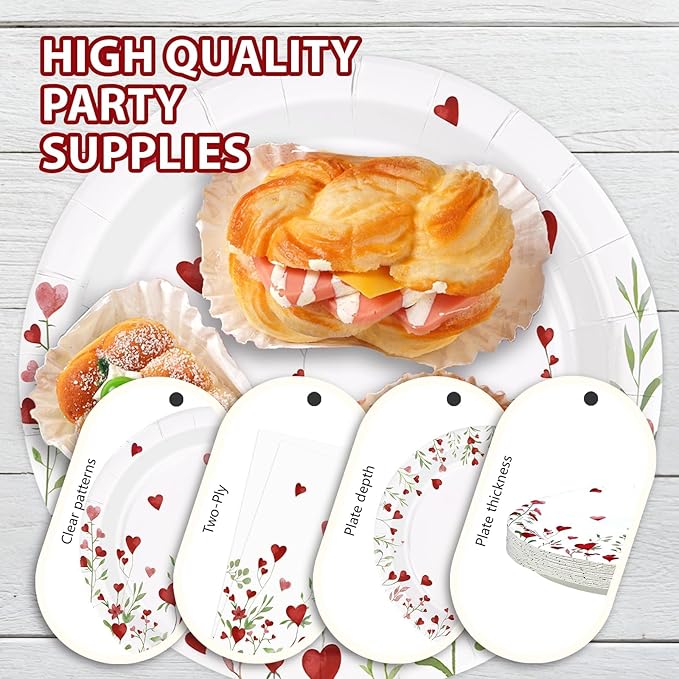 96 Pcs Floral Decorations Disposable Love Heart Flowers Paper Plates and Napkins Watercolor Lovely Flowers Tableware Set for Spring Anniversary Wedding Supplies, Serves 24
