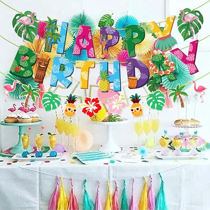 Hawaiian Birthday Banner,3 Packs Hawaiian Happy Birthday Banner,Hawaiian Birthday Party Decorations