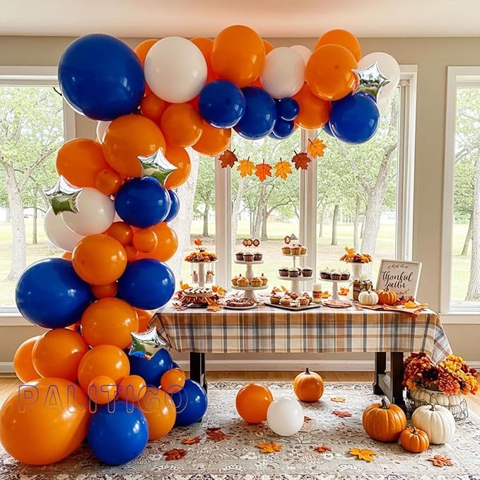 Blue, Orange and White Balloon Arch Kit with Silver Star Foil – Double-Stuffed 5" 12" 18" Balloons for Football, Back to School, Fall Baby Shower, Boys Birthday & Halloween Decor