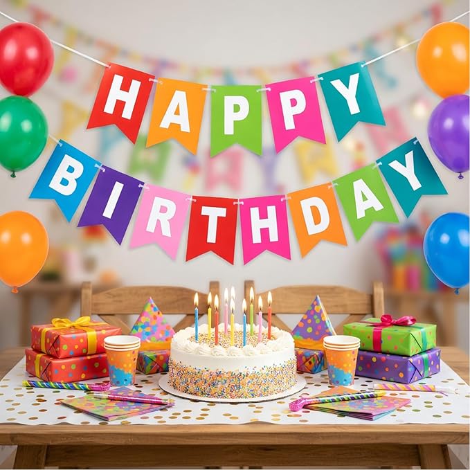 Rainbow Happy Birthday Banner Colorful Birthday Flag Bunting for Party Backdrop Decor, Happy Birthday Sign Party Supplies for Women Kids Baby Shower Hanging Decor