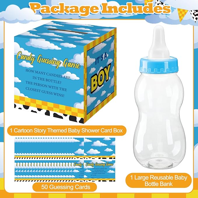 Glenmal 52 Pcs Baby Shower Games Gift Sets Large Baby Bottle for Shower Game Guess How Many Candies Decorations for Gender Reveal(Cartoon Style)