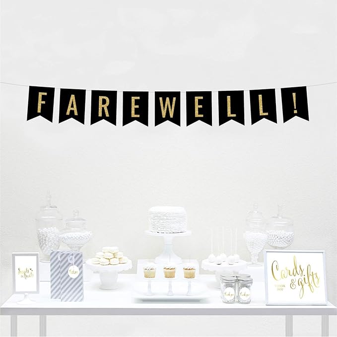 Andaz Press Faux Gold Glitter on Black Retirement Party Banner Decorations, Farewell!, Approx 5-Feet, 1-Set, Birthday Wedding Baby Shower Colored Hanging Pennant Decor