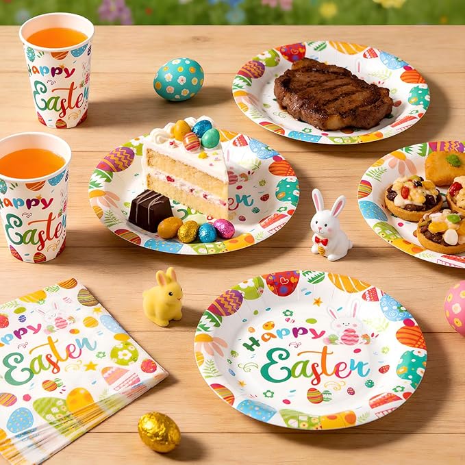 200PCS Easter Paper Plates and Napkins Set, Bunny & Egg Theme, 9" Dinner Plates, 7" Dessert Plates, 9oz Cups and Napkins, Heavy Duty Disposable Tableware for Easter Party Supplies, Serves 50