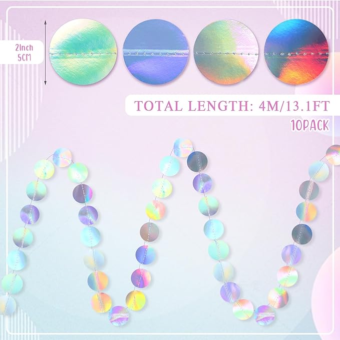 Syhood 10 Pcs Party Decorations Paper Dot Circle Garlands Glitter Streamers Hanging Banner Decor for New Year Baby Shower Wedding Birthday Backdrop Supplies (Iridescent Color)