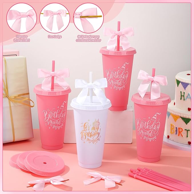 12 Pcs Birthday Party Tumblers, 24 oz Reusable Plastic Cups with Lids and Straws and Bows for Birthday Decorations Party Favor