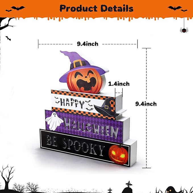 WBao Halloween Decorations Indoor 9.4inch Premium Wooden Block Set with Glowing 3D Letters, Timer, Battery Powered Rustic Farmhouse Centerpiece for Home, Table, Mantel, Shelf Halloween Party Decor