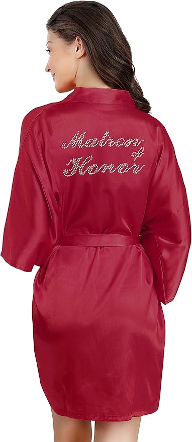 EPLAZA Women's One Size Silver Rhinestones Bride Bridesmaid Short Satin Robes for Wedding Party Getting Ready
