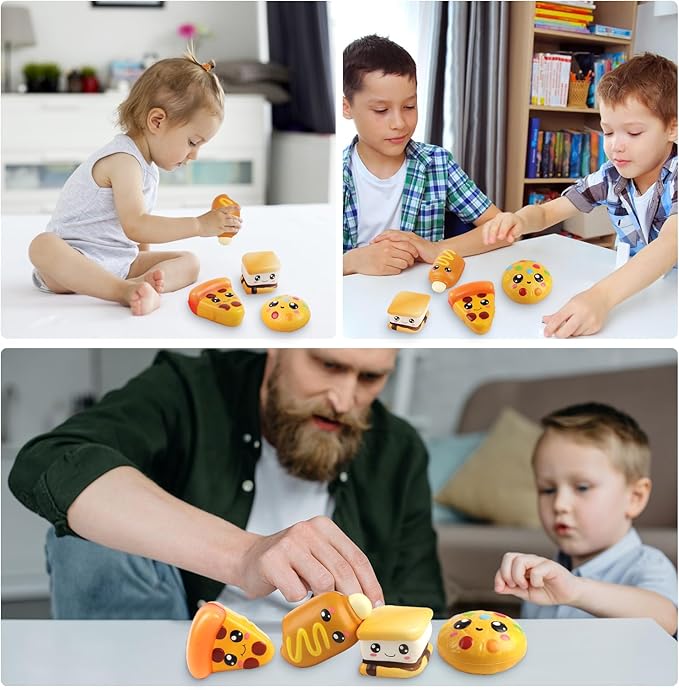 4 Pcs Slow Rising Food Toys for Kids, Kawaii Foam Squishy Toys in Smore Bread Hot Dog Pizza Cake Stress Relief Squeeze Toy for Holiday Carnival Goodie Bag Stuffers