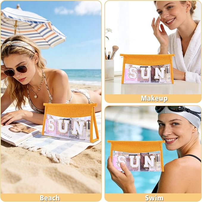 Sunscreen Bag Clear Makeup Bag Chenille Letter Sun Cosmetic Pouch Summer Beach Essential Cute Toiletry Pouch Travel Accessories Gifts for Women