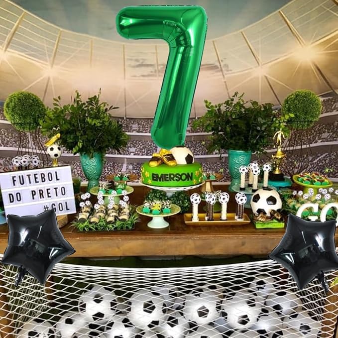 TONIFUL 32 Inch Soccer Balloons Set 7th Birthday Decoration Green Number 7 Foil Soccer Balloon Black Star Balloons for Children's Boys Birthday Party Football Themed Party Supplies