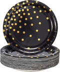 Black Gold Paper Plates 100PCS,7inch Black and Gold Dots Dessert Plates,Disposable Round Party Supplies Great for Birthday,Graduation,Retirement,Father's Day