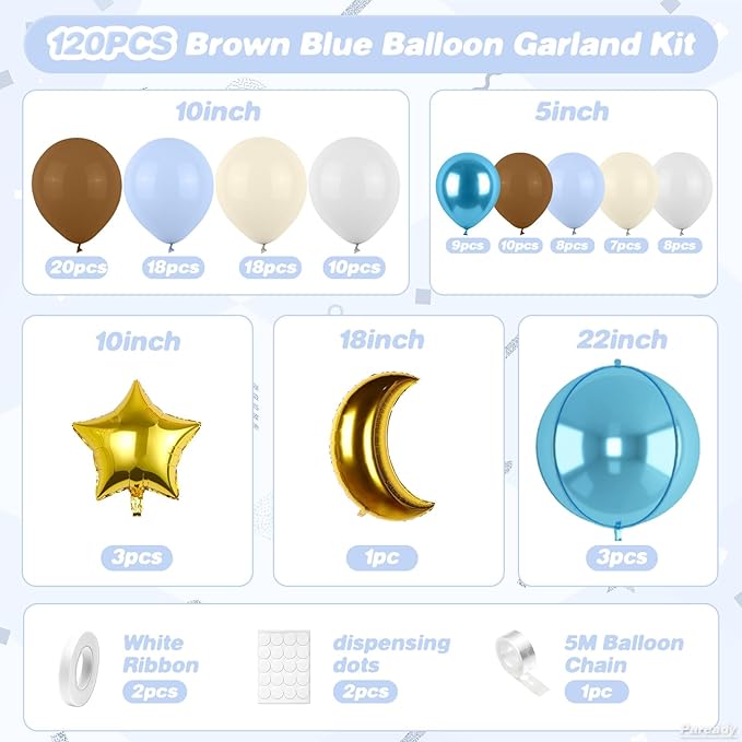 Brown Blue Balloon Garland Kit, 120pcs Blue Brown White Balloon Arch Kit With Blue 4d Foil Balloon And Gold Star Foil Balloons Different Sizes For Birthday Baby Shower Anniversary Party Wedding Decor