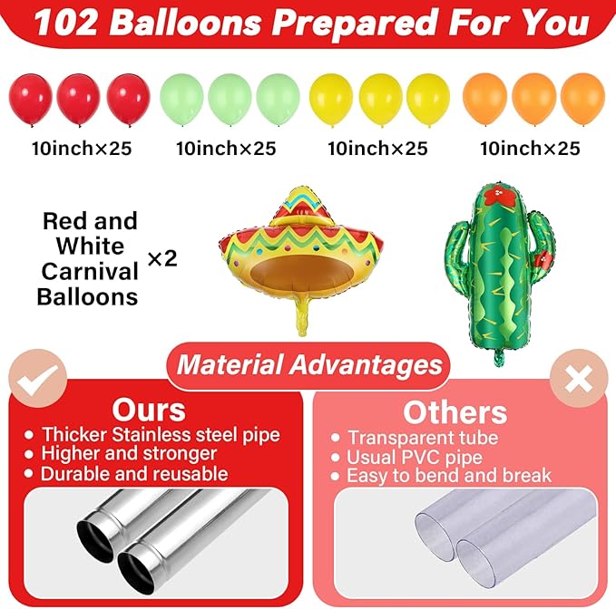 2 Sets Mexican Fiesta Balloon Column Stand Kit with 102 Balloons 5.57Ft Adjustable Balloon Tower Stand with Base Floor Cactus Sombrero Adjustable Arch Column for Mexican Fiesta Birthday Party Supply