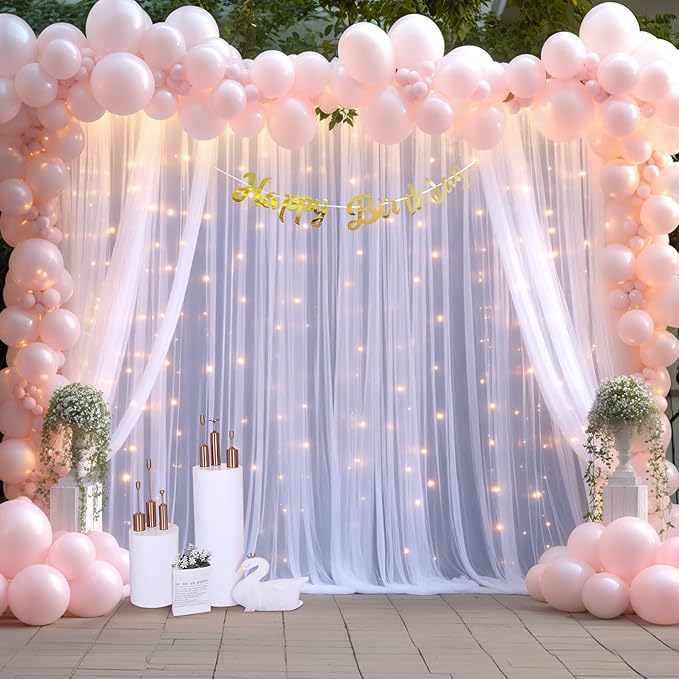 10×12ft White Tulle Backdrop Curtain with Lights String for Parites Sheer Fabric Backdrop Curtains White Curtain Backdrop for Wedding Baby Shower Birthday Party Bridal Shower Photo Shoot Background
