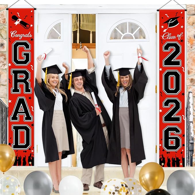 WOHOHOHO 23Pcs Graduation Decorations 2026 Set, Red Porch Door Sign GRAD Banner, Class of 2026 Backdrop, 5 Colors Large Balloons, Hanging Party Supplies for High School College Indoor Outdoor Decor