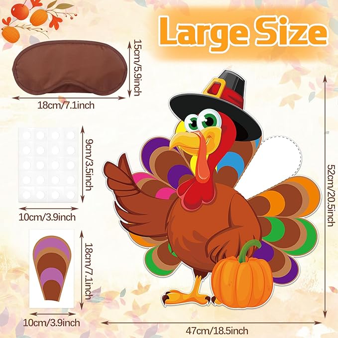 AUGSUN Lare Thanksgiving Party Games for Kids Pin The Tail On The Turkey Game Thanksgiving Game Activities with Blindfolds and Stickers Fall Festival Autumn Party Decorations for Adults Family School