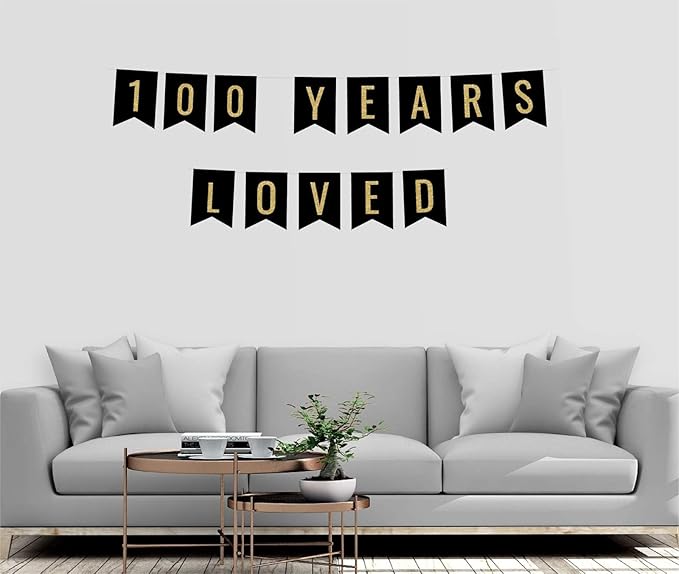 Andaz Press Faux Gold Glitter on Black Birthday Party Banner Decorations, 100 Years Loved, Approx 5-Feet, 1-Set, 100th Birthday Milestone Colored Hanging Pennant Decor
