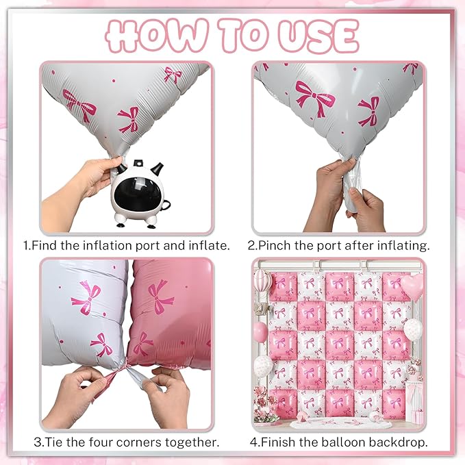 Pink and White Bow Square Foil Balloon Wall, 19 Inch 25Pcs Print Double Sided Baby Pink and Pearl White Balloon Backdrop Tunnel Arch Kit for Girls Women Birthdays Bridal Baby Shower Wedding