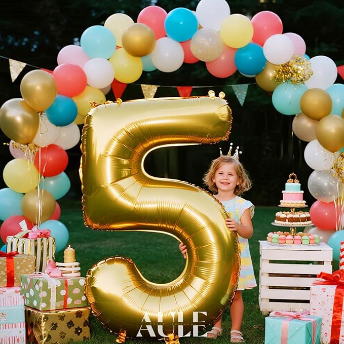 AULE 40 Inch Big Gold 5 Balloon Number Large Foil Helium Number Balloons 0-9 Jumbo Giant Happy 5th Birthday Party Decorations for Boy or Girl Huge Mylar Anniversary Party Supplies