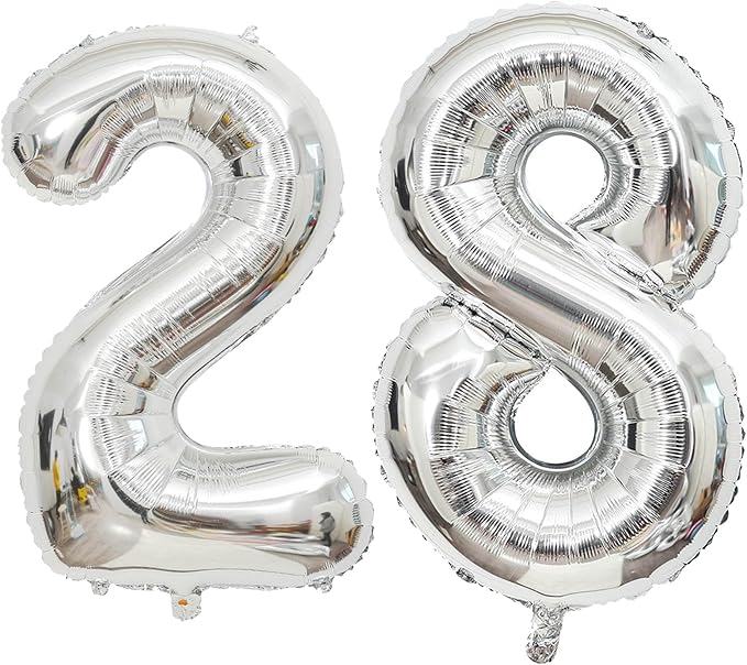 Large Silver 28 Number Balloons, 40 Inch Jumbo Number 28 Balloon, Silver Foil Mylar Balloons for Girl Sweet 28th/62th Birthday Party, Anniversary Decorations