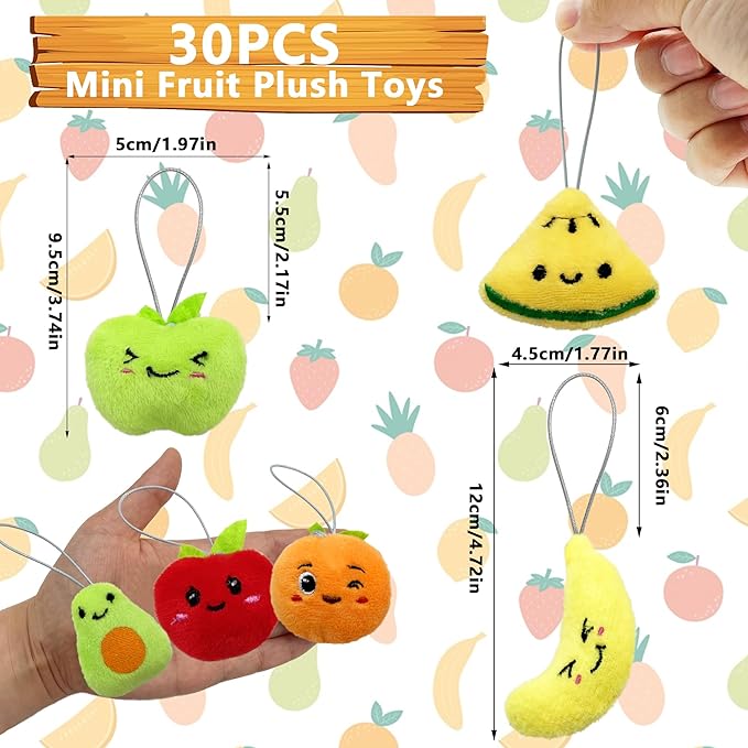 XIPEGPA 30 PCS Cute Mini Fruit Plush Toys Colorful Stuffed Fruits Soft Orange Peach Stuffed Doll for Party Favors Keychain Ornament for Goody Bag Easter Egg Stuffers Carnival Birthday Party 30 Styles