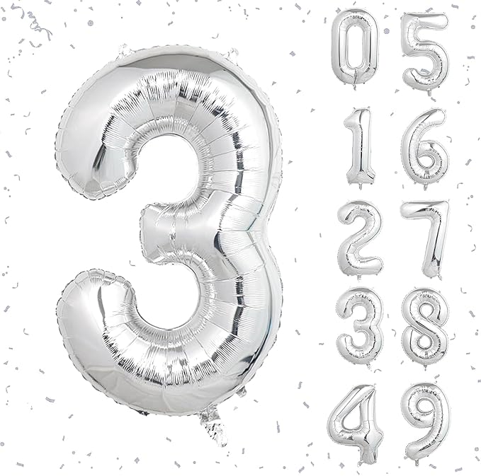 16 In Silver Large Numbers Balloons 0-9, Self Inflating Number 3 Balloons for Boys Girls, Big Silver Digit 3 Balloons for Women Men Birthday Party Anniversary Wedding Supplies Decorations