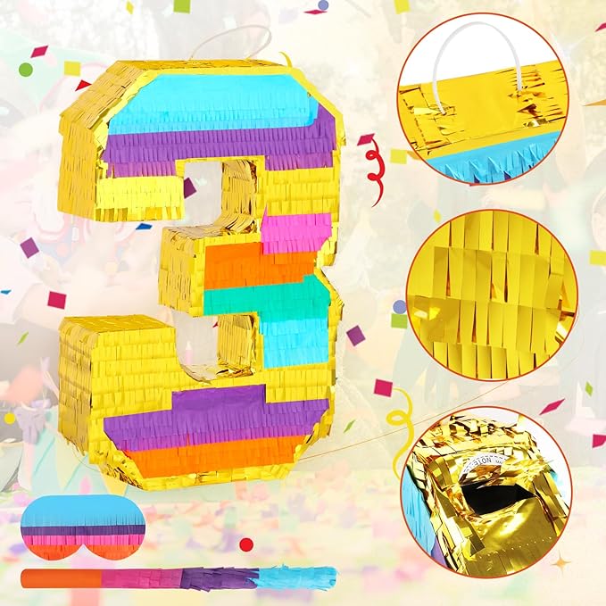 Rainbow Number 3 Pinata for 3rd Birthday Party Decorations, Fiesta, Centerpieces, Kids Anniversary, Celebrations, Birthday Party Supplies (16.1 x 10.6 x 3 Inches)