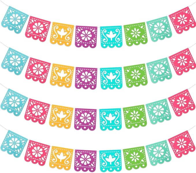 4 Mexican Fiesta Party Decorations Banners - Cinco de Mayo, Day of The Dead Papel Picado, Dia de Los Muertos Garland for Fiesta Birthday, Baby Shower, Festive Wall Decoration Flags