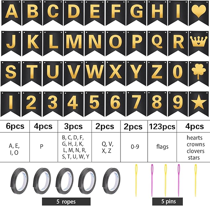 TaoBary 135 Pcs DIY Banner Custom Letters Kit Make Your Own Banner for Birthday Graduation Party Decor Include 107 Letters and Numbers, 16 Symbols, 2 String Lights, 5 Needles, 5 Rope (Black)