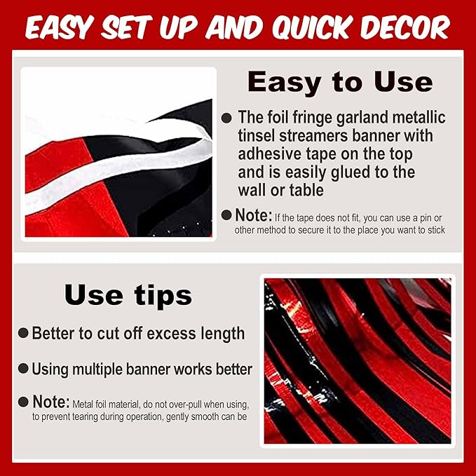 3 Pack 10 Ft Black and Red Foil Fringe Garland Metallic Streamers Tinsel Banner Wall Hanging Garland Backdrop for Parade Floats, Halloween, Christmas, Thanksgiving, New Year Party Decorations