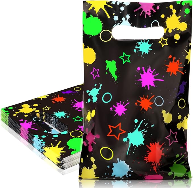 Spakon 100 Pack Neon Party Favor Bags Let's Glow in the Dark Supplies Plastic Colorful Candy Goodie Gift Treat Goody Bags for Neon Glow Birthday Decoration