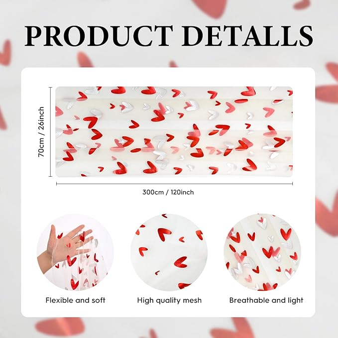 Artoid Mode Red Heart Gauze Table Runner 120 Inch 10FT,Glitter Metallic Foil Valentine’s Day Sheer Dining Anniversary Wedding Table Decor for Home Party