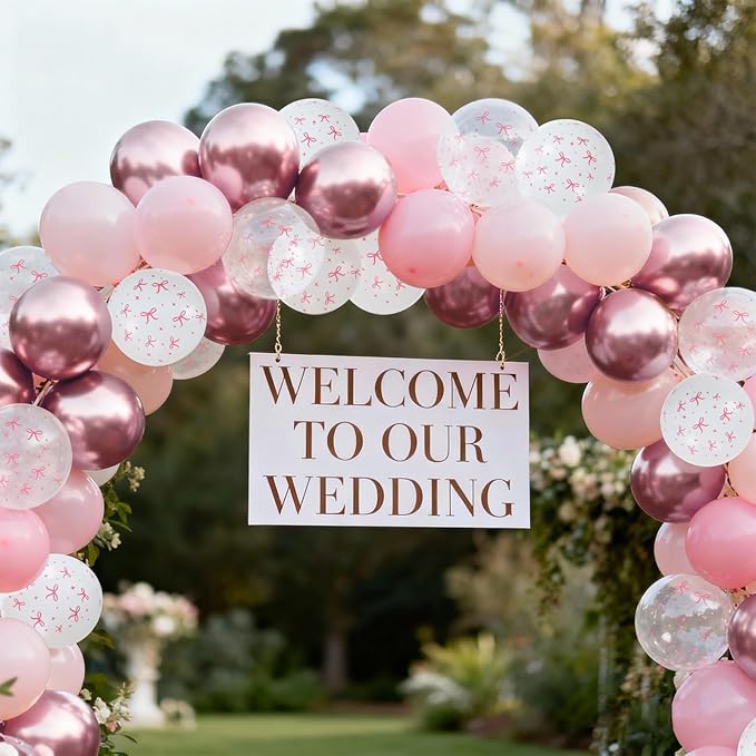 Patimate Pink Bow Balloons Set, 50 pcs 12 inch Metallic Pastel Pink White Transparent Bow Print Balloons Kit for Coquette Birthday Baby Shower for Girls Women Wedding Bridal Shower Party Decorations