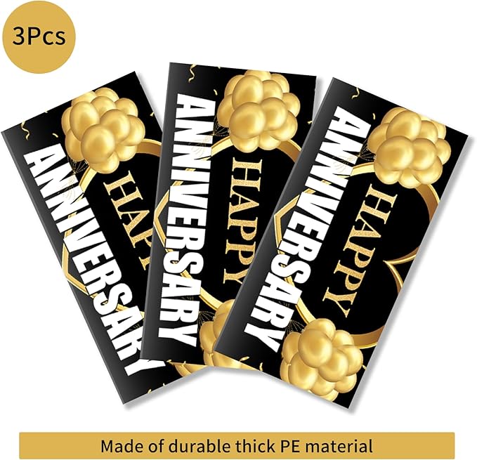 3 Pack Happy Wedding Anniversary Tablecloth Decorations, Black Gold Themed Table Cover Party Supplies, 25th 30th 40th 50th 60th Anniversary Plastic Disposable Rectangular Table Cloth Decor