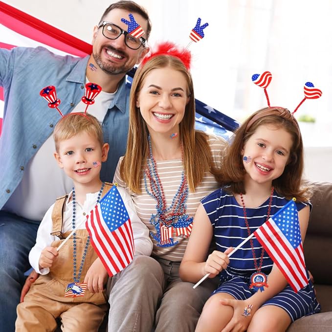 UMEELR 104 Pcs Patriotic Party Supplies, 4th of July Accessories with Necklaces Headbands Flags Tattoo Stickers for Independence Day Celebration Decorations