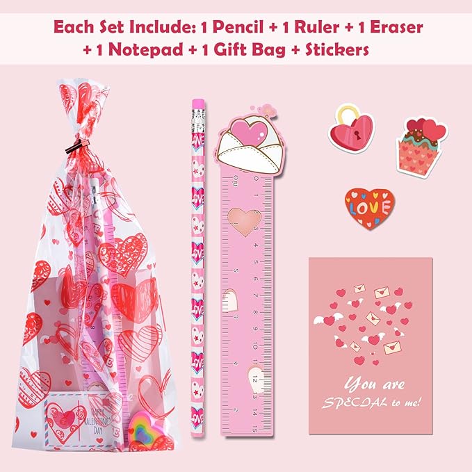 30 Pack Valentines Day Gifts for Kids Classroom Valentines Stationery Set - Valentine Pencils Notepads Rulers Erasers Valentines Treat Bags Party Favors for Kids