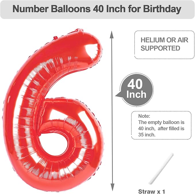 Number 16 Balloons, 40 Inch Balloons for Woman Man 16th Red Birthday Party Decoration, Foil Number Ballon for 16, 61 Valentine's Day, Anniversary, Bridal Shower, Graduation