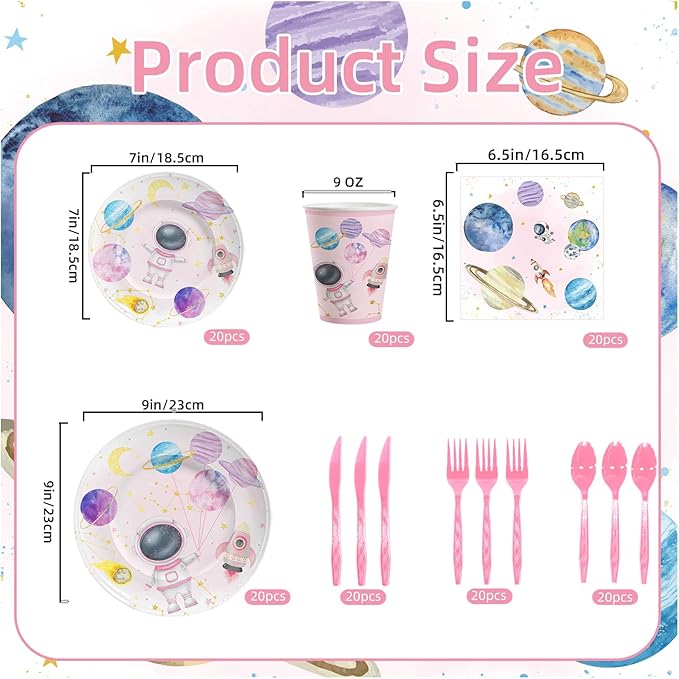 140PCS Space Themed Paper Plates Party Supplies Decorations, Supplies for Girls Baby Birthday Party Decorations Pink Moon Star Outer Space Planet Theme Plates Set for 20 Guests