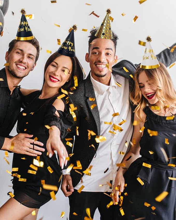 48 Pcs Happy New Year 2026 Party Hats – Gold NYE Cone Hats, Horns & Whistles Set for Adults & Kids, Black Gold New Year’s Eve Party Supplies Decorations